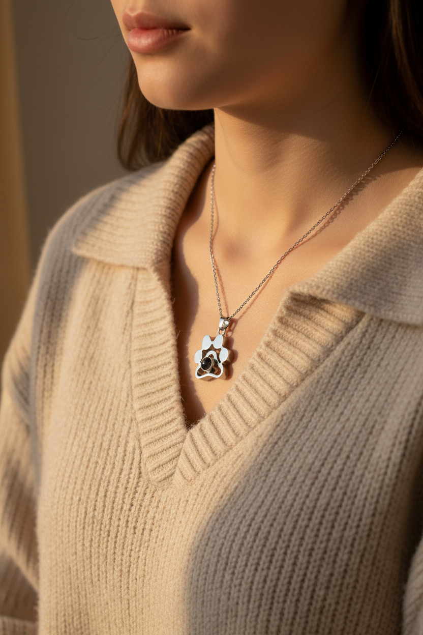 Dog Paw Projection Necklace on Model